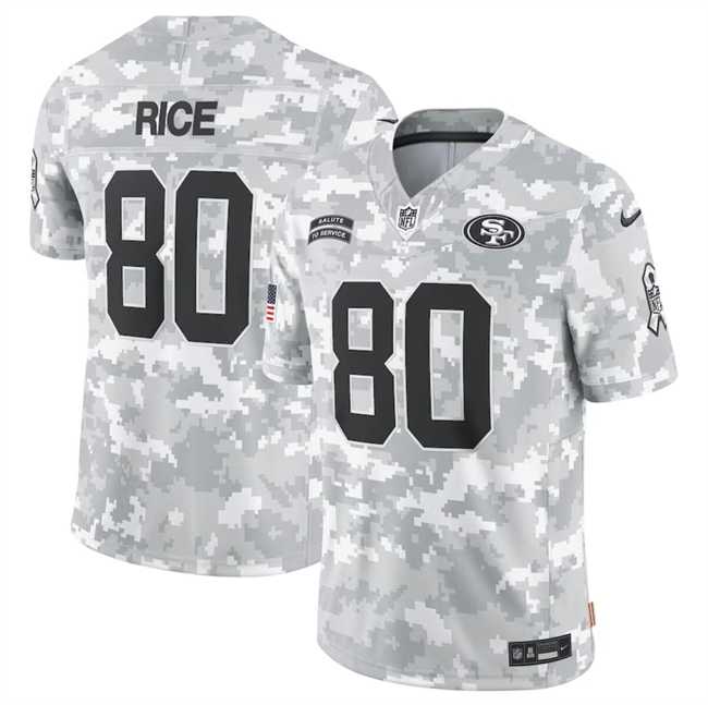 Mens San Francisco 49ers #80 Jerry Rice 2024 Arctic Camo Salute To Service Limited Stitched Jersey Dyin